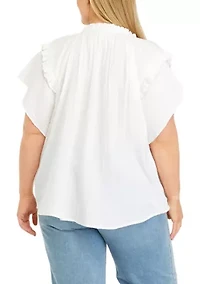 Plus Crinkle Gauze Ruffle Neck Flutter Sleeve Top