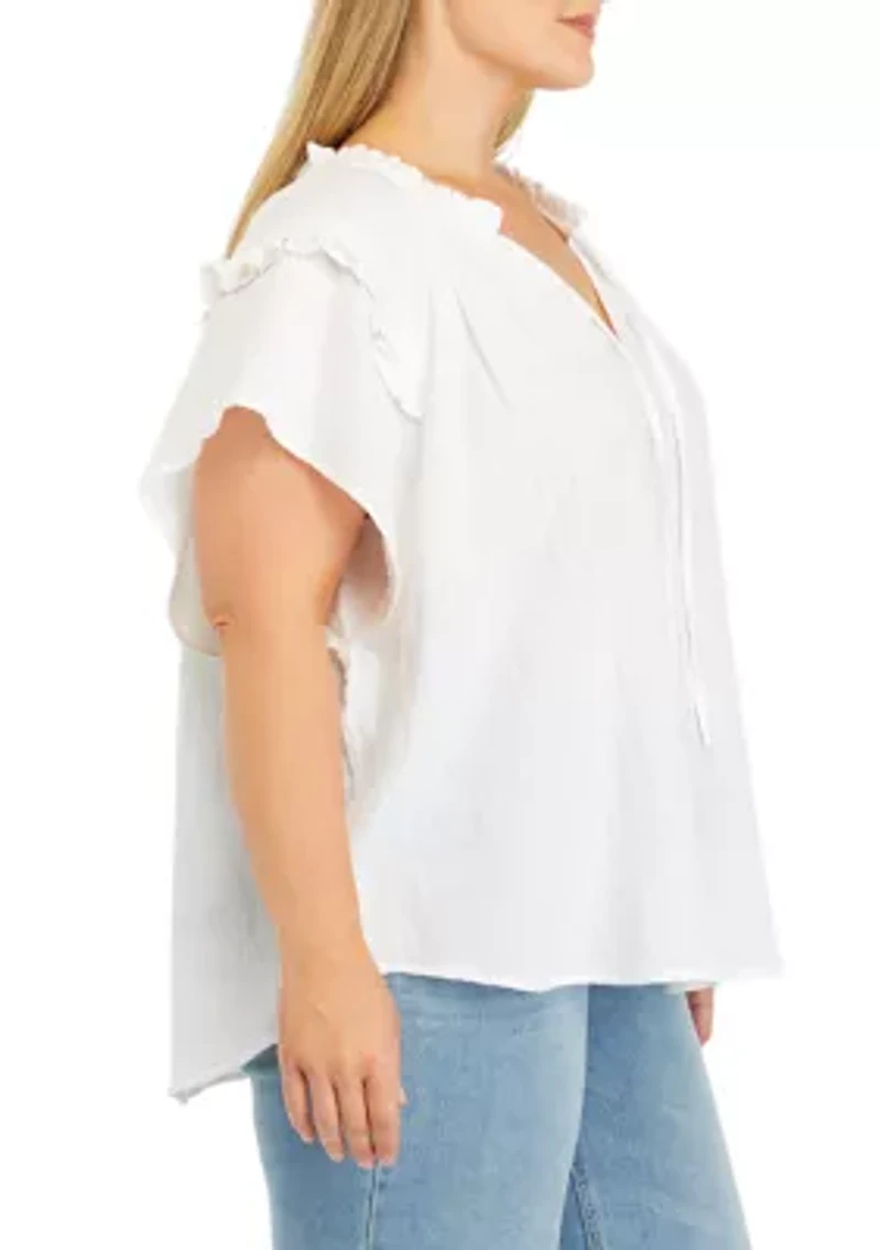 Plus Crinkle Gauze Ruffle Neck Flutter Sleeve Top