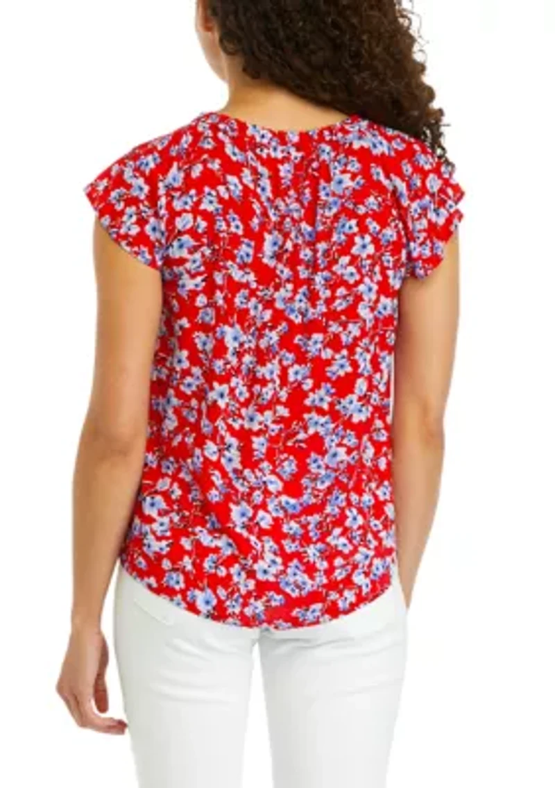 Petite Short Sleeve Split Neck Top