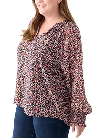 Plus Long Sleeve Scoop Neck Metallic Printed Blouse