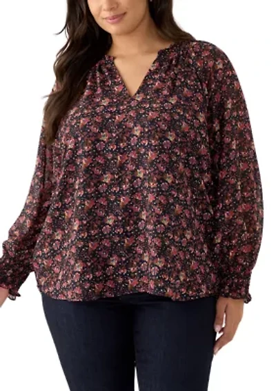 Plus Long Sleeve Split Neck Metallic Printed Blouse