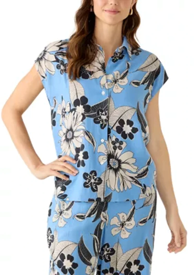 Women's Cap Sleeve Floral Linen Shirt