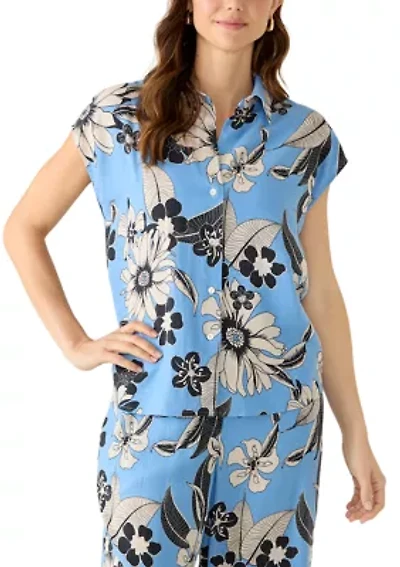 Women's Cap Sleeve Floral Linen Shirt