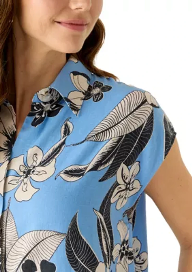 Women's Cap Sleeve Floral Linen Shirt