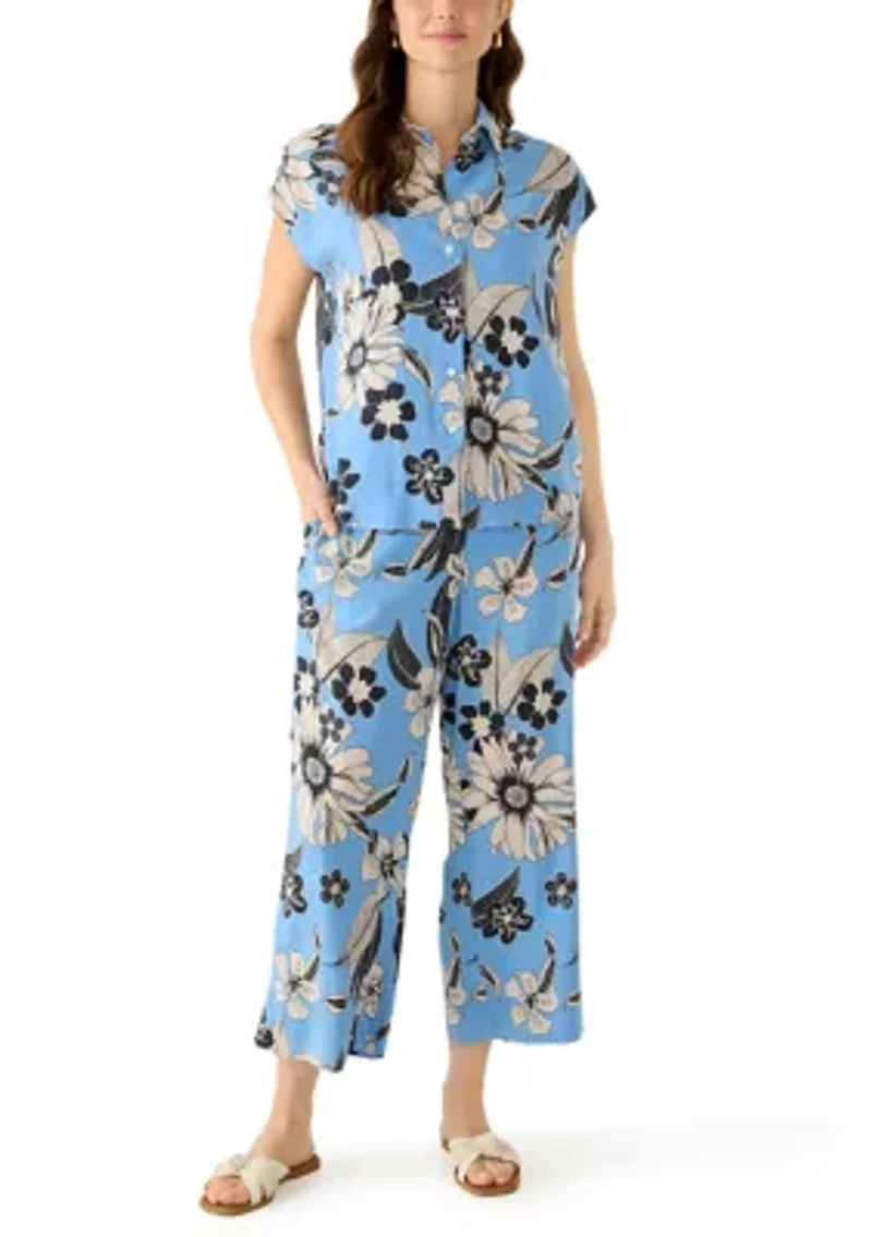 Women's Cap Sleeve Floral Linen Shirt