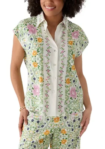 Women's Cap Sleeve Floral Linen Shirt