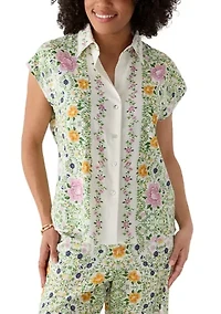 Women's Cap Sleeve Floral Linen Shirt
