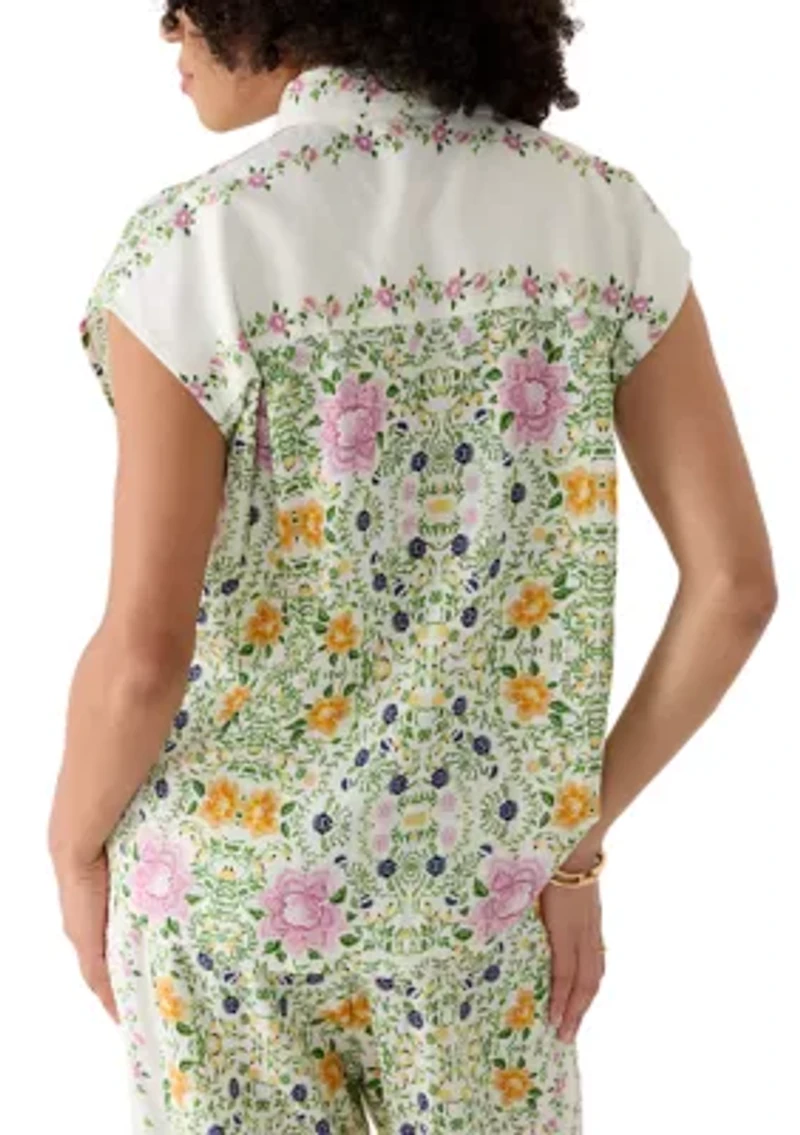Women's Cap Sleeve Floral Linen Shirt