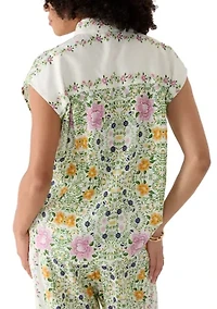 Women's Cap Sleeve Floral Linen Shirt