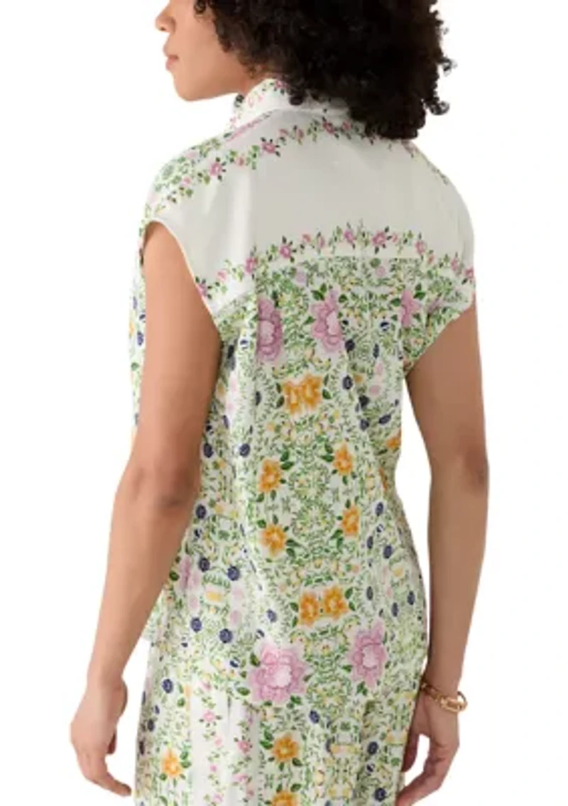 Women's Cap Sleeve Floral Linen Shirt