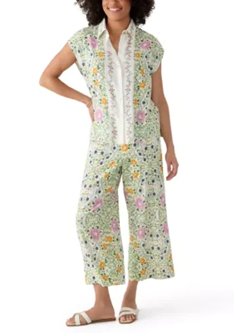 Women's Cap Sleeve Floral Linen Shirt