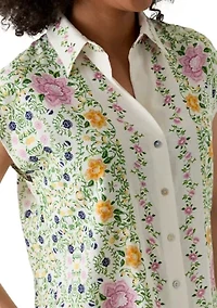 Women's Cap Sleeve Floral Linen Shirt