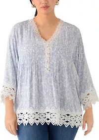 Plus Three-Quarter Drop Shoulder Sleeve Crochet Top