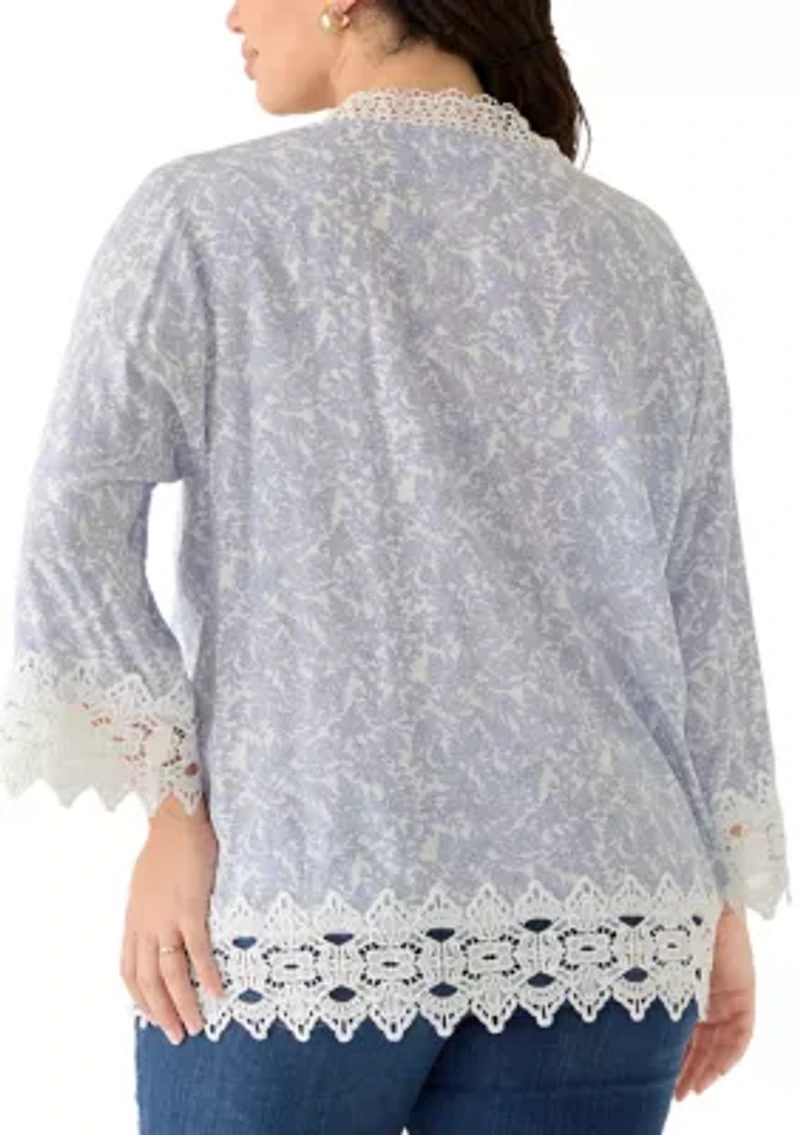 Plus Three-Quarter Drop Shoulder Sleeve Crochet Top