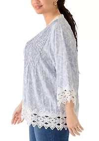 Plus Three-Quarter Drop Shoulder Sleeve Crochet Top