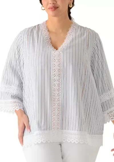 Plus Three-Quarter Drop Shoulder Sleeve Crochet Top