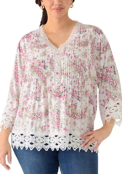 Plus Three-Quarter Drop Shoulder Sleeve Crochet Top