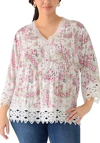 Plus Three-Quarter Drop Shoulder Sleeve Crochet Top