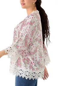 Plus Three-Quarter Drop Shoulder Sleeve Crochet Top