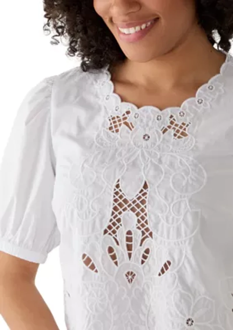Women's Puff Sleeve Lace Inset Top