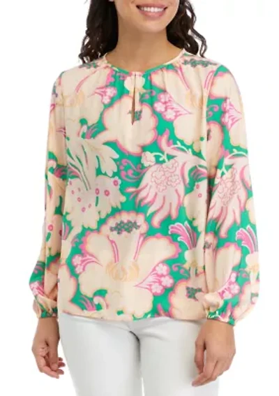 Petite Printed Keyhole Neck Blouse