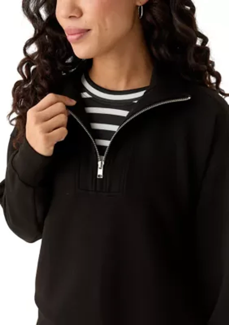Petite Zip Drop Shoulder Top with Shirred Cuffs