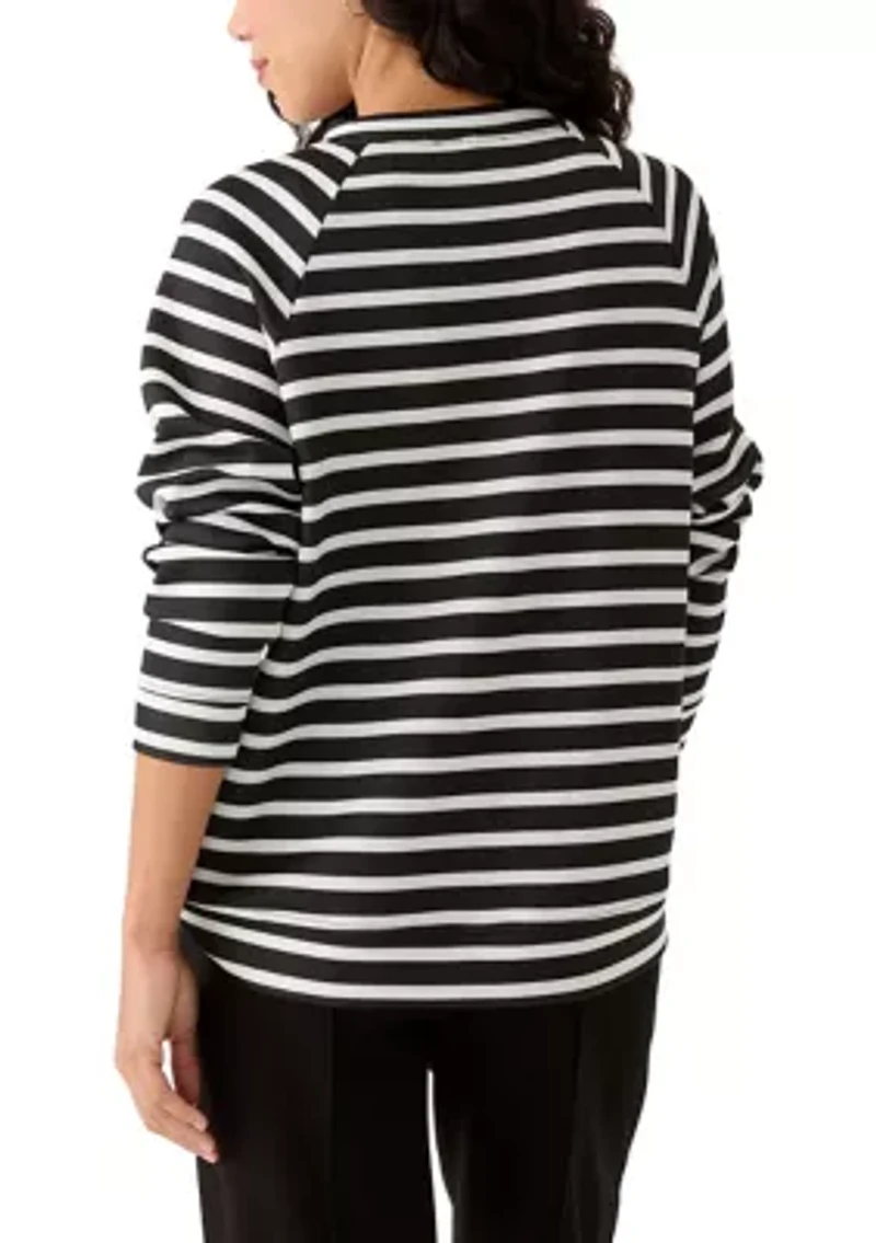 Petite Allover Stripes Long Raglan Sleeve Crew Neck Top with Front Forward Seam