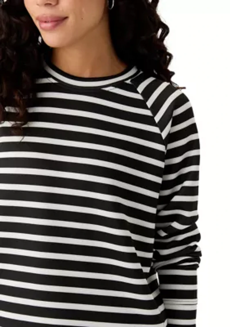 Petite Allover Stripes Long Raglan Sleeve Crew Neck Top with Front Forward Seam
