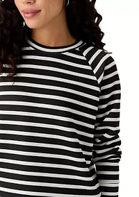 Petite Allover Stripes Long Raglan Sleeve Crew Neck Top with Front Forward Seam