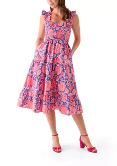 Women's Square Neck Printed Smocked Dress