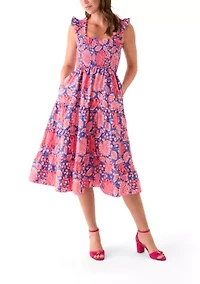 Women's Square Neck Printed Smocked Dress
