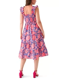 Women's Square Neck Printed Smocked Dress