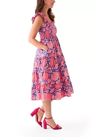 Women's Square Neck Printed Smocked Dress