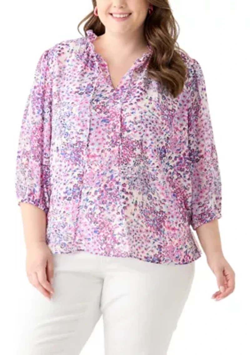 Plus 3/4 Chiffon Sleeve Woven Blouse