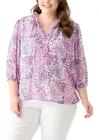Plus 3/4 Chiffon Sleeve Woven Blouse