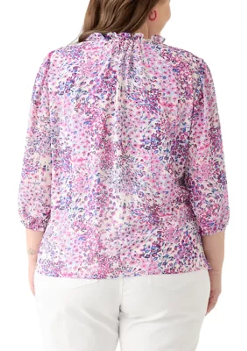 Plus 3/4 Chiffon Sleeve Woven Blouse