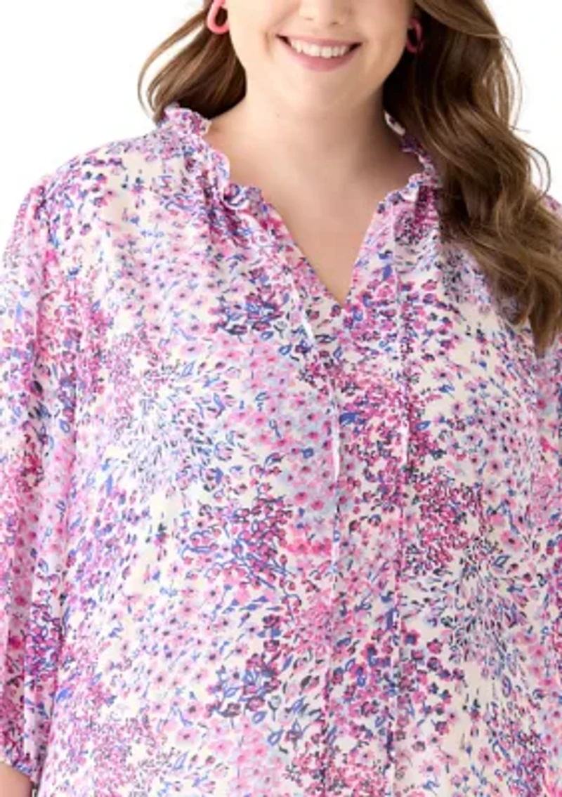 Plus 3/4 Chiffon Sleeve Woven Blouse