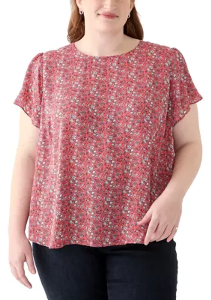 Plus Short Sleeve Button Back Woven Blouse