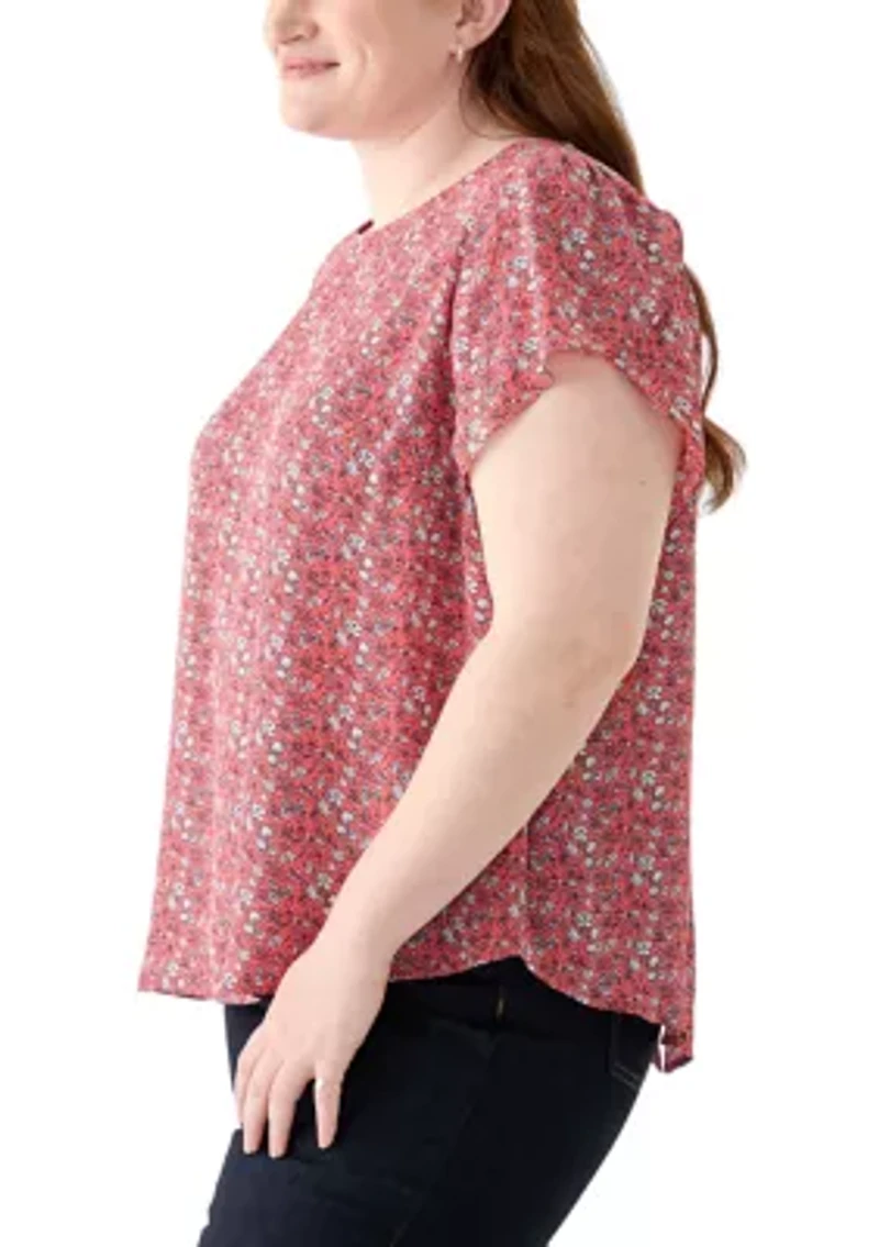 Plus Short Sleeve Button Back Woven Blouse