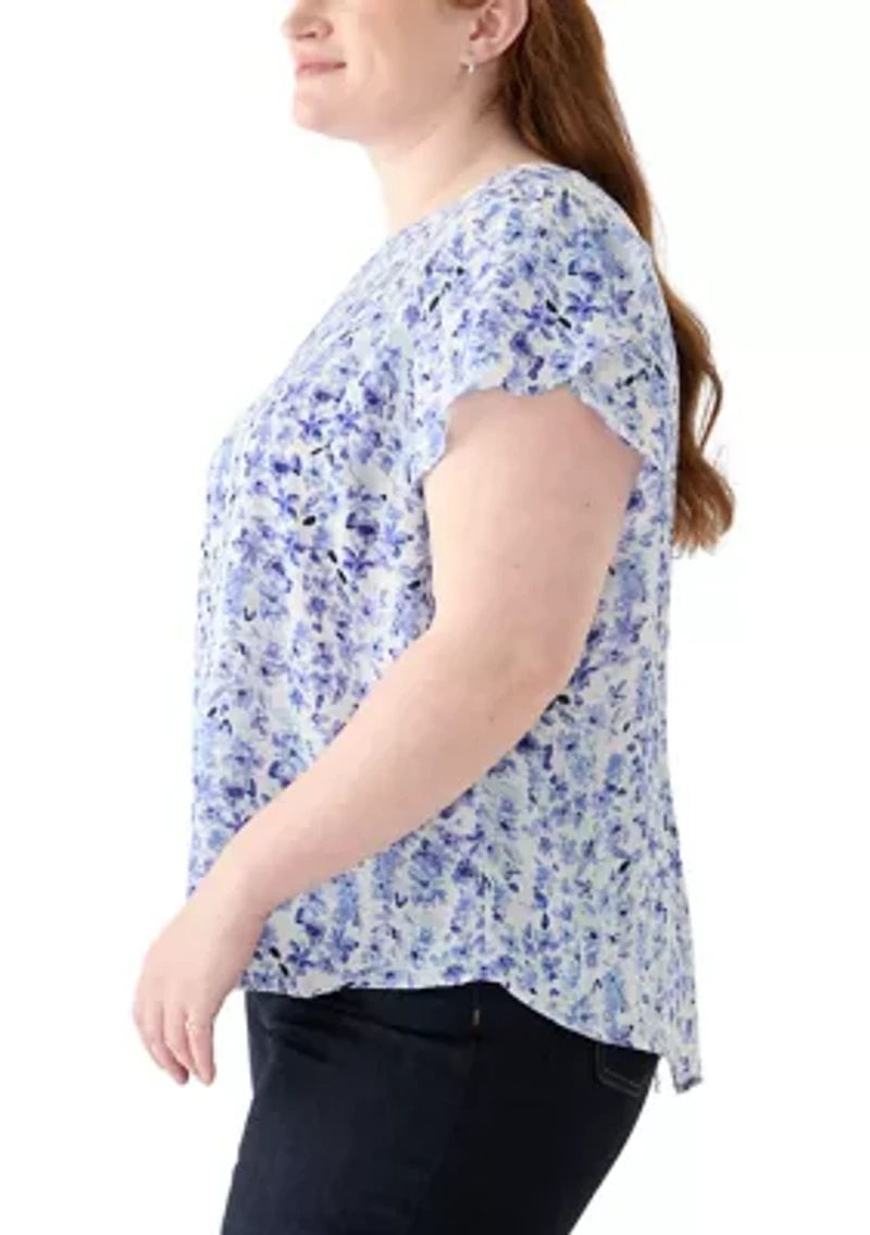 Plus Short Sleeve Button Back Woven Blouse