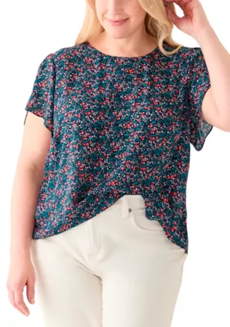 Plus Short Sleeve Button Back Woven Blouse