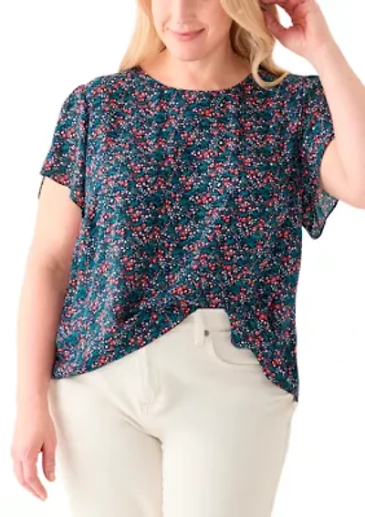 Plus Short Sleeve Button Back Woven Blouse