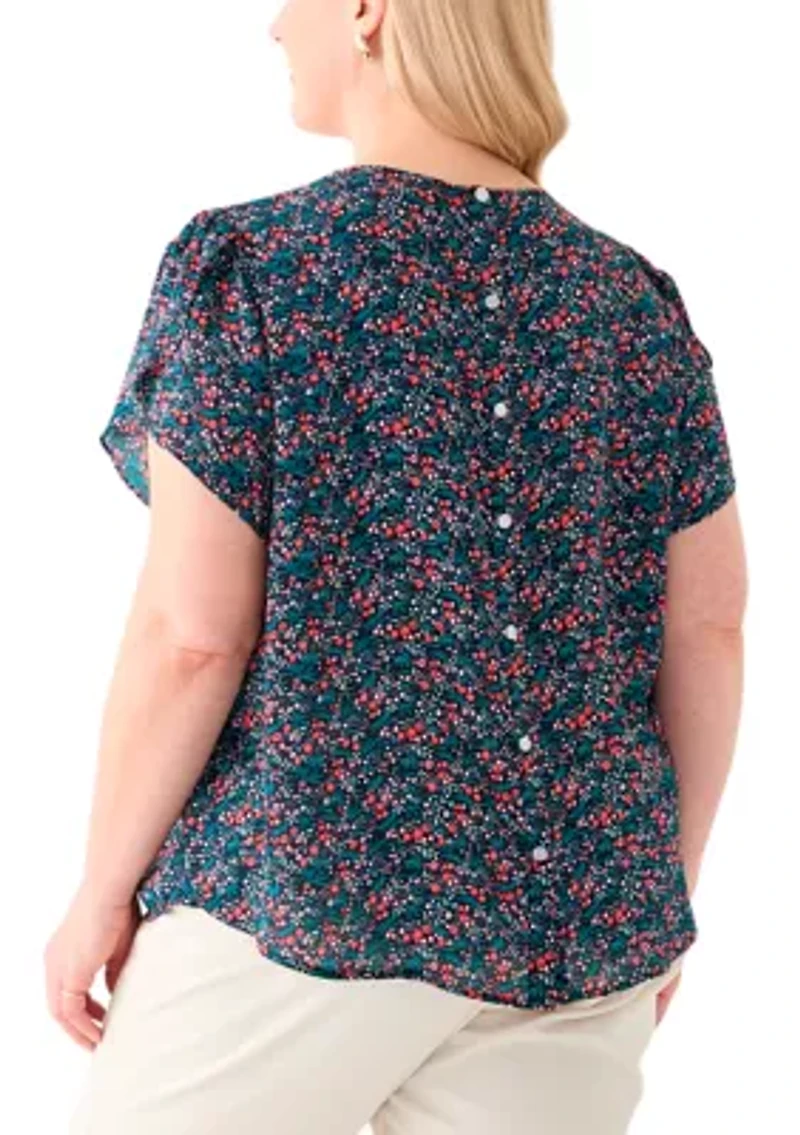 Plus Short Sleeve Button Back Woven Blouse