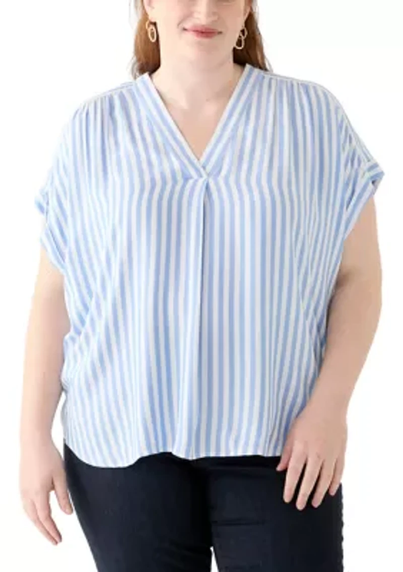 Plus Short Sleeve V-Neck Yarn Dyed Woven Blouse