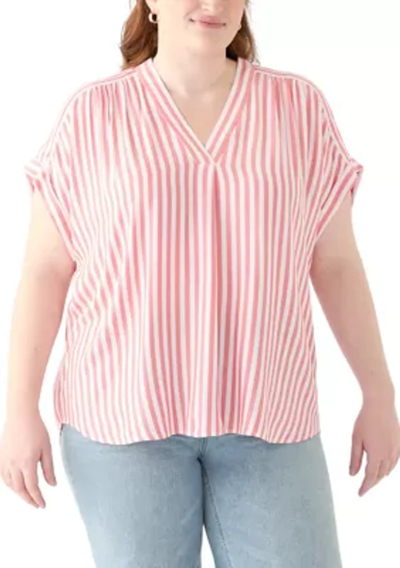 Plus Short Sleeve V-Neck Yarn Dyed Woven Blouse