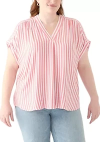 Plus Short Sleeve V-Neck Yarn Dyed Woven Blouse