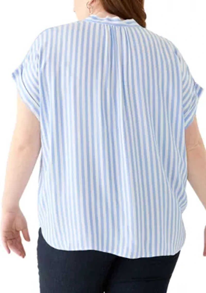 Plus Short Sleeve V-Neck Yarn Dyed Woven Blouse