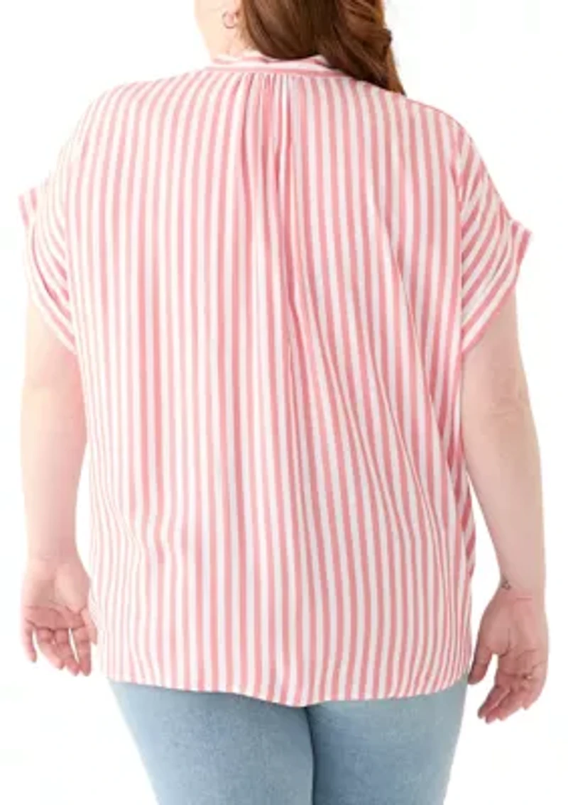 Plus Short Sleeve V-Neck Yarn Dyed Woven Blouse