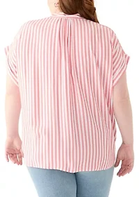 Plus Short Sleeve V-Neck Yarn Dyed Woven Blouse