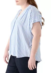 Plus Short Sleeve V-Neck Yarn Dyed Woven Blouse